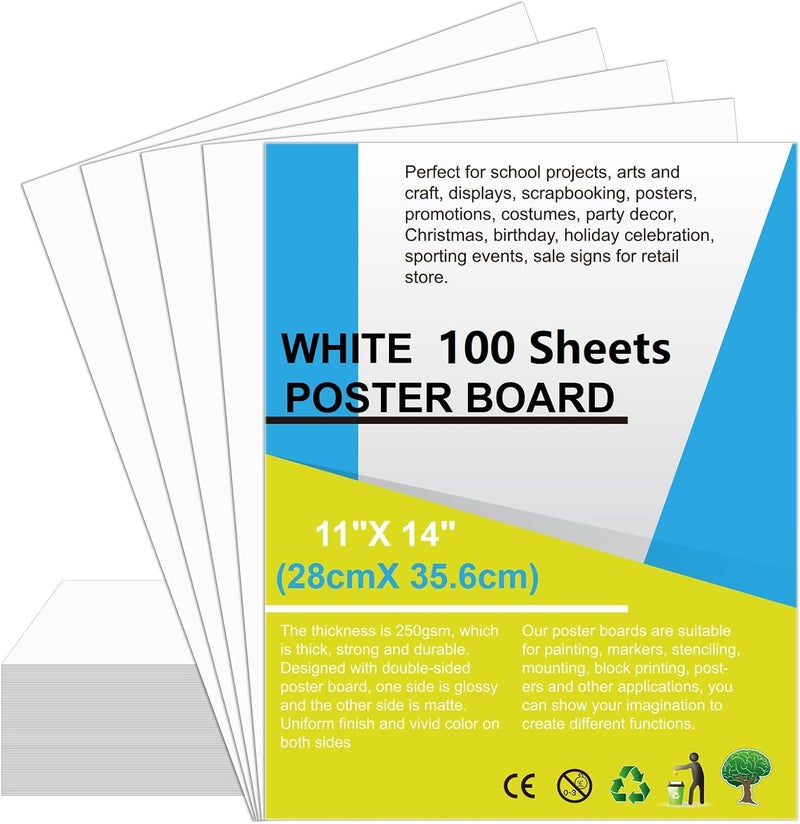 rookea 100 Pcs Poster Board White Poster Paper Bulk 11" x 14", 250Gsm Thickness Vision Boards Smart Poster Board for School Arts Craft Projects Presentations Drawing Scrapbooking Blank Graphic Display - Image 1